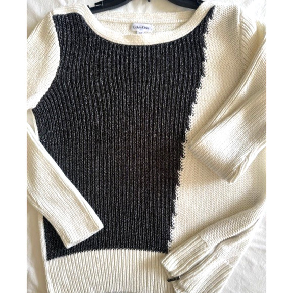 Calvin Klein Sweater Sz Large Women’s Cream Black Acrylic Knit Side Zip MOD 90's - Picture 2 of 10